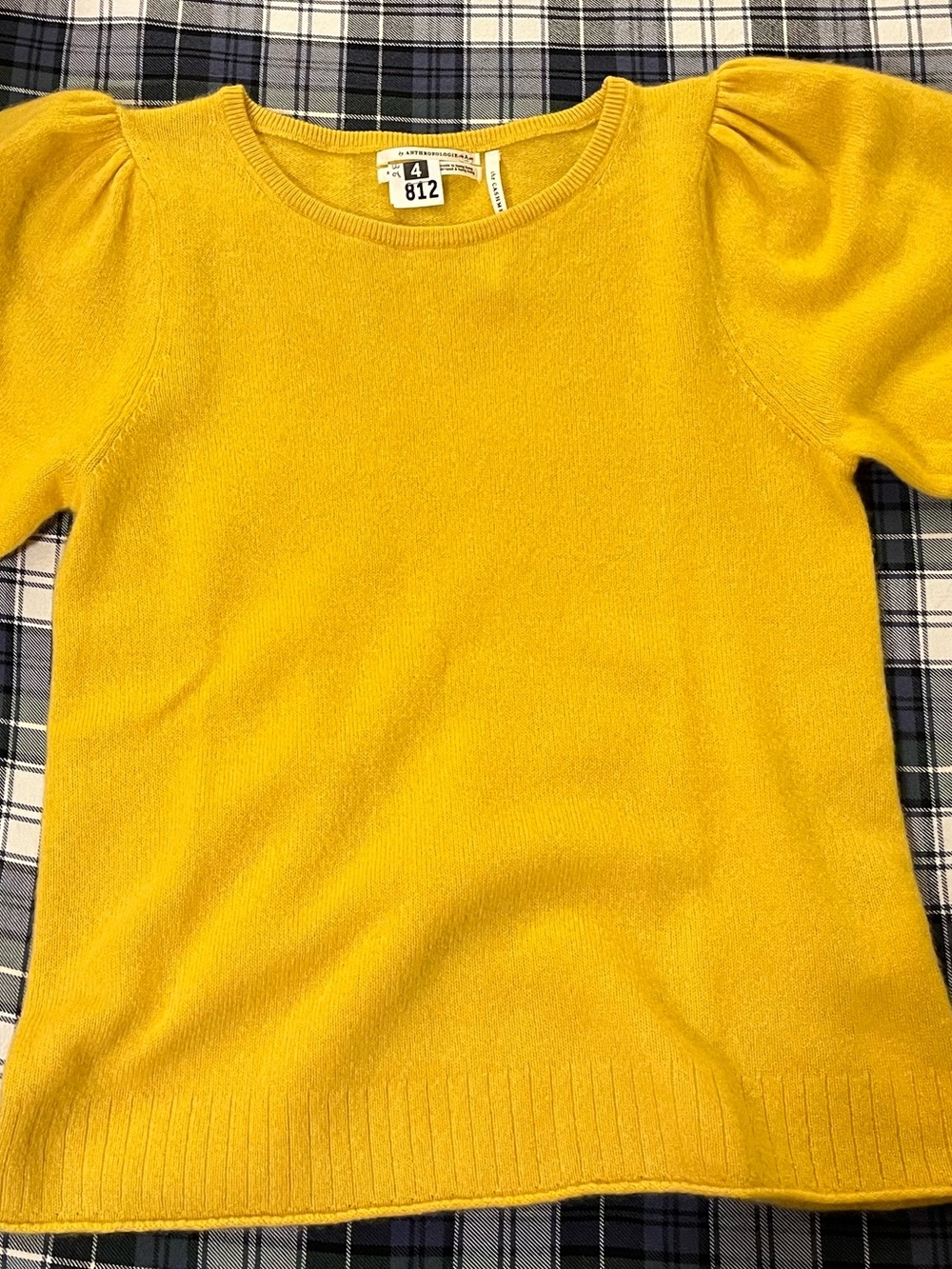 Anthropologie sunny yellow cashmere puff-sleeve short sleeve crewneck sweater S